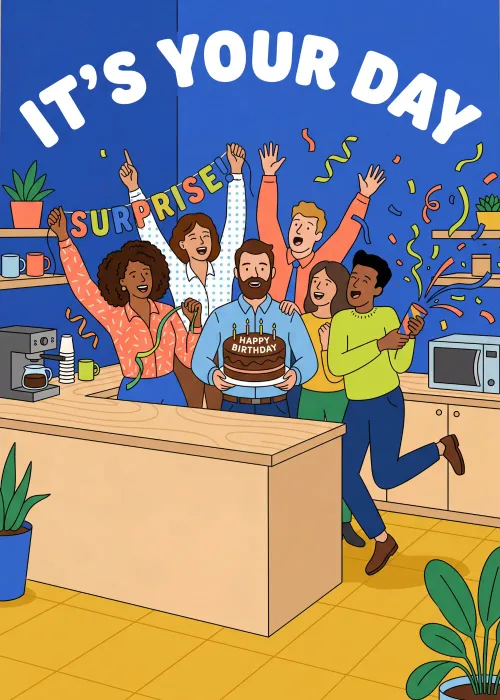A diverse group of coworkers celebrating in an office breakroom with the text It's Your Day.