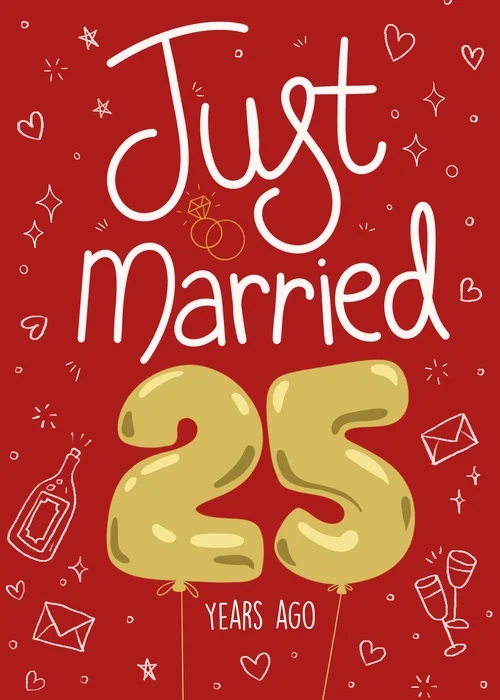Bold red card with gold 25 lettering celebrating 25 years of marriage