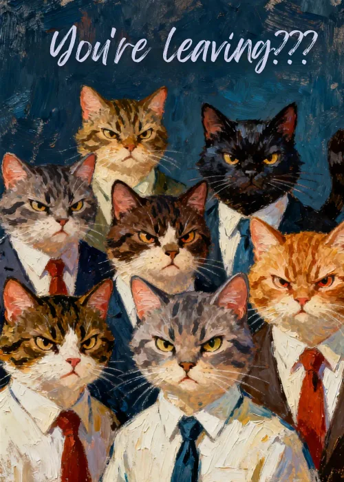 A group of cats in business suits looking surprised with the text You're Leaving.