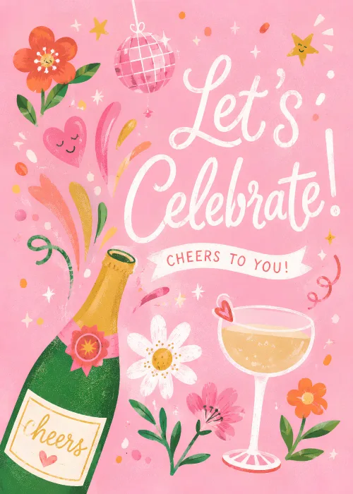 Popping champagne bottle, coupe glass, and disco ball on pink for a congratulations celebration