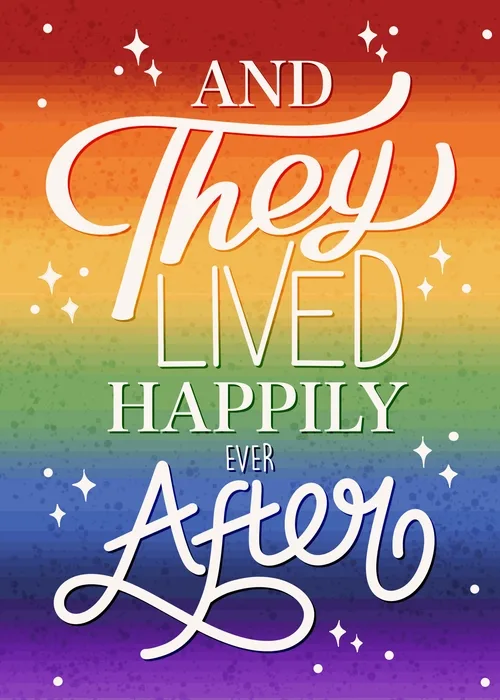 Colorful rainbow typography spelling And They Lived Happily After on deep purple background