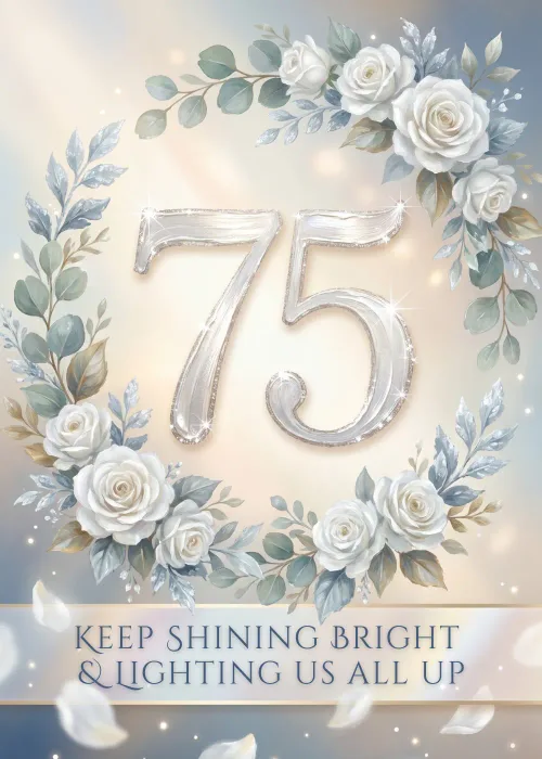 Silver 75 in white roses with Keep Shining Bright milestone birthday text