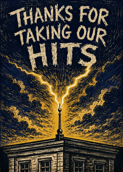 Lightning bolt striking a rooftop rod above bold Thanks For Taking Our Hits text