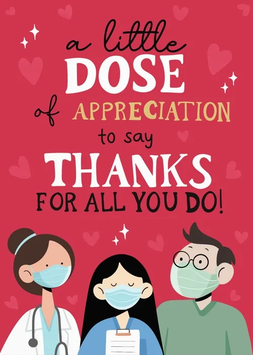 Red card with illustrated doctors and nurses and a little dose of appreciation text
