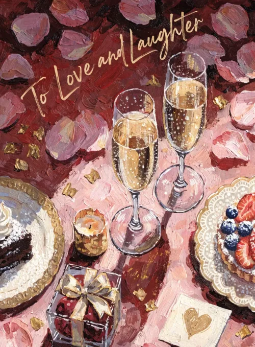 An elegant table setting with champagne glasses and flowers with the text To Love and Laughter.