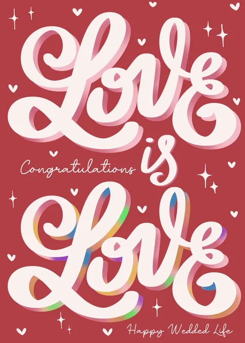 Deep red wedding card with bold script reading love is love happy wedded life