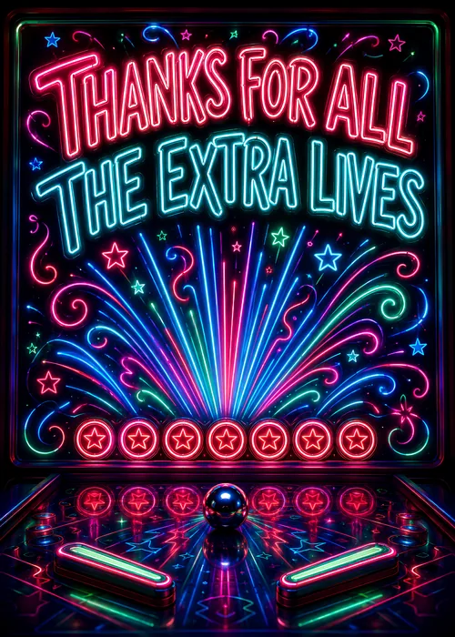 Neon pinball machine with 'Thanks For All The Extra Lives' glowing arcade text
