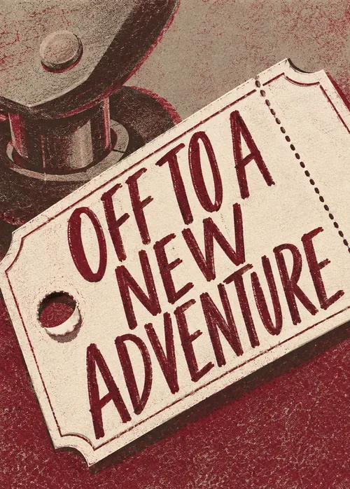 Weathered vintage luggage tag reading 'Off to a New Adventure' in red ink on cream paper