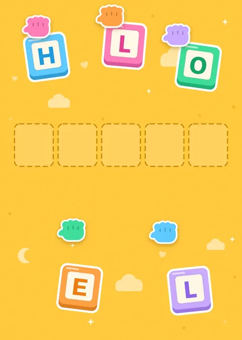 Animated colorful alphabet blocks stacking to spell HELLO above little one on a sunny yellow background
