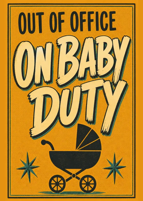Retro Out of Office on Baby Duty design with a bold black pram on mustard yellow