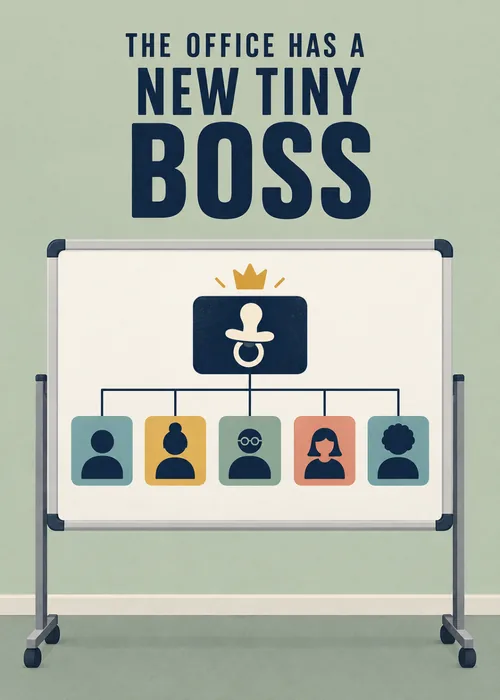 Whiteboard org chart with a crowned pacifier as boss above employee icons