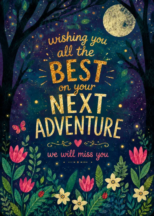 Moonlit forest and flowers on a We Will Miss You farewell card