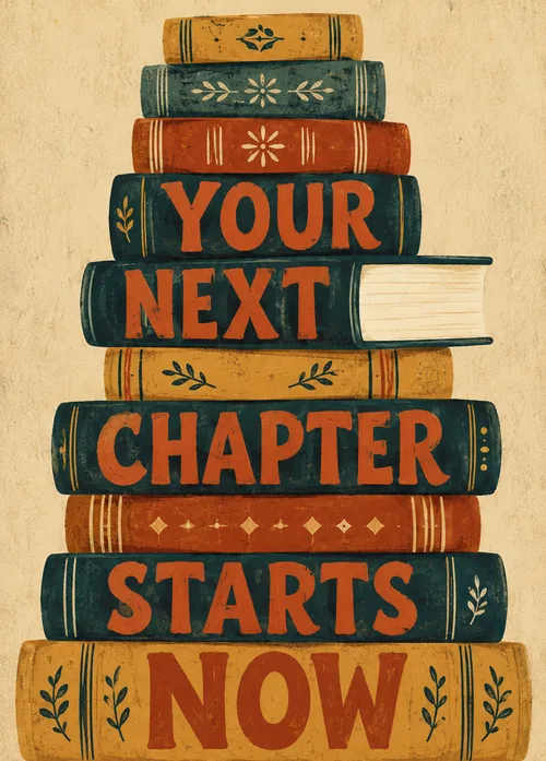 Vintage stack of leather-bound books with hand-lettered spines reading Your Next Chapter Starts Now