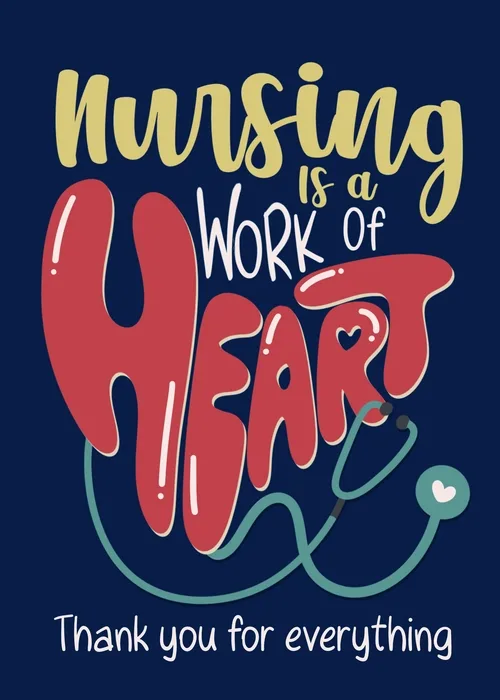 Navy card with a heart-shaped stethoscope and nursing is a work of heart text