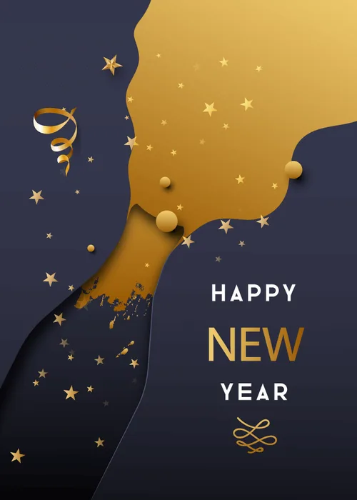 Happy New Year champagne gold celebration card with glamorous bold illustrated design featuring champagne glasses gold elements and sparkling New Year celebration in elegant festive composition