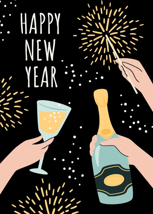 Black festive Happy New Year card with illustrated hands holding champagne glass bottle and sparkler with golden fireworks in the night sky
