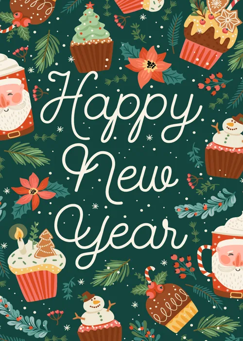 Happy New Year holiday greetings card with warm illustrated festive design featuring seasonal holiday and new year elements in a warm celebratory greeting composition