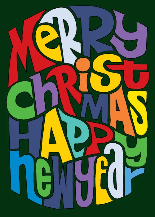 Colorful interlocking typographic letters forming a merry christmas and happy new year greeting