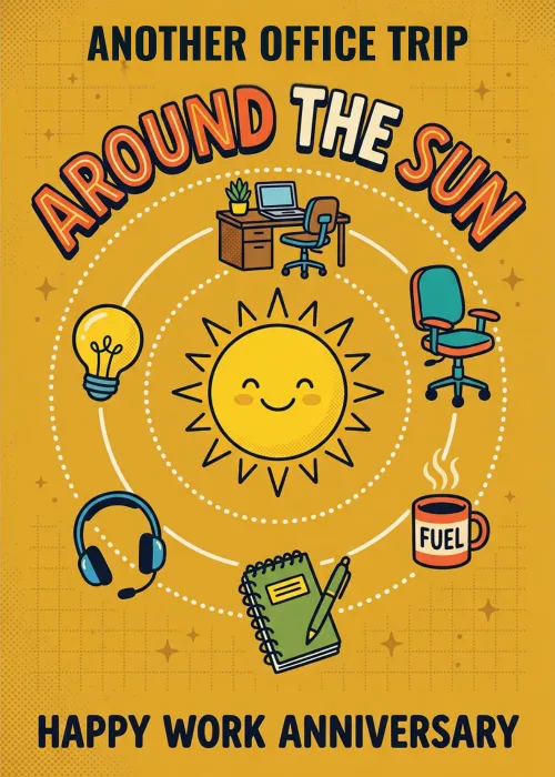 Smiling sun circled by office icons with text Another Office Trip Around The Sun Happy Work Anniversary