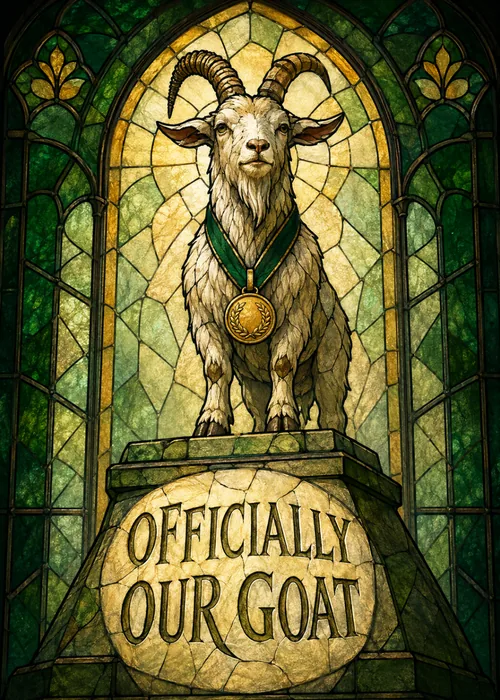 Stained glass goat wearing a gold medal above 'Officially Our Goat' engraved pedestal