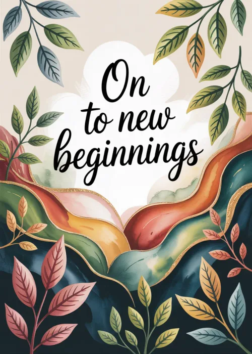A lush green leaf wreath with the text On to new beginnings.
