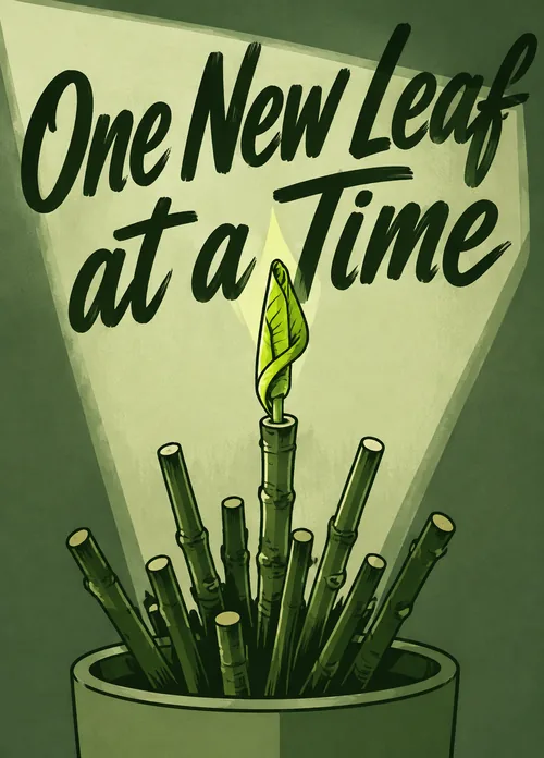 A single green leaf unfurls from bare stalks beneath One New Leaf At A Time lettering
