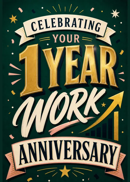 Gold 1 Year lettering with a rising arrow and bar chart on dark green for a work anniversary