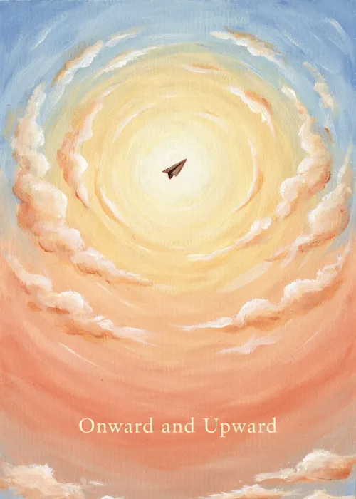 Paper airplane climbing toward the sun on an Onward and Upward card