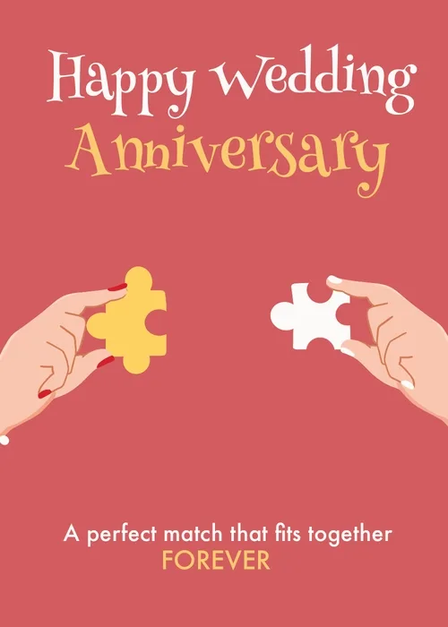 Two hands assembling puzzle-piece hearts on a coral pink wedding anniversary card