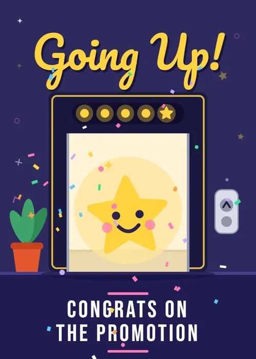Animated gold elevator opening on a smiling yellow star with confetti under Going Up script lettering