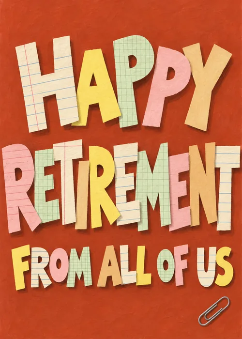 Colorful paper cutout lettering Happy Retirement From All of Us on red background with paperclip