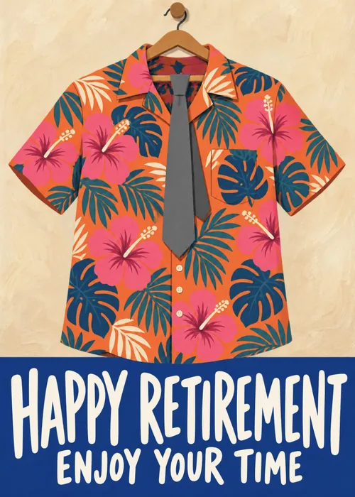 Hawaiian floral shirt hanging over a grey tie with Happy Retirement Enjoy Your Time on navy banner