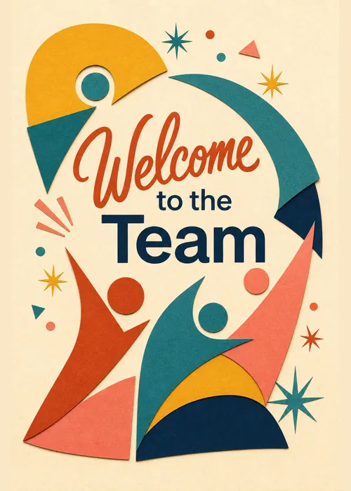Retro paper-cut figures celebrating beside bold 'Welcome to the Team' lettering