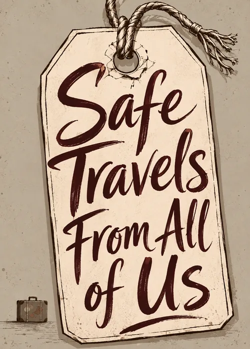 A vintage cream luggage tag tied with rope reading Safe Travels From All of Us, beside a small suitcase