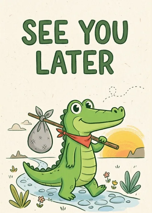 Cartoon alligator walking with a bindle stick toward a golden sunset, see you later farewell card