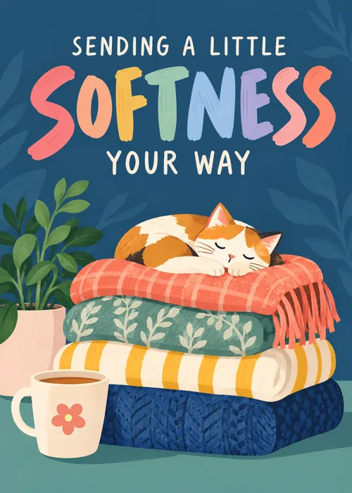 Card with a sleeping calico cat on stacked colorful blankets beside a mug and plant, text Sending a little softness your way