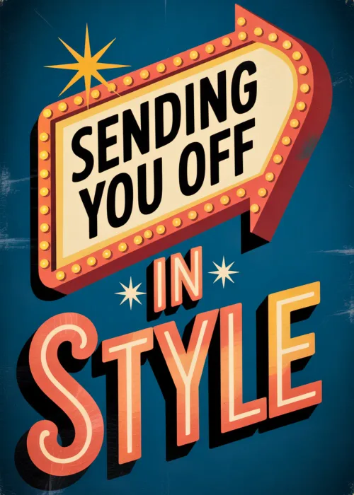 Retro marquee arrow in lights on a Sending You Off in Style farewell card