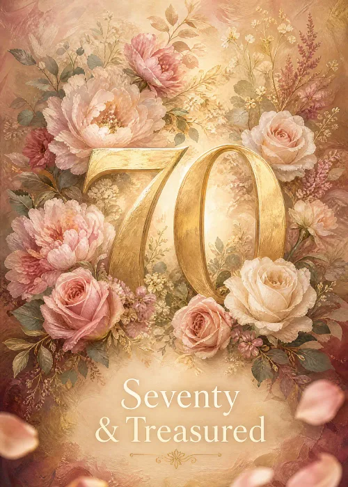 Gold 70 framed by blush peonies for a Seventy and Treasured birthday card