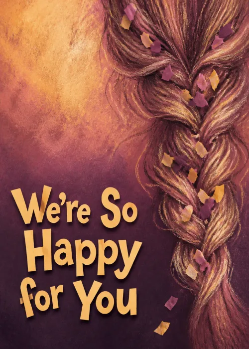 Braided hair artwork woven with confetti above bold yellow congratulations lettering on purple
