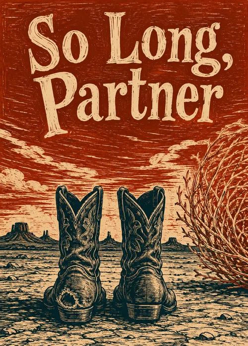 Weathered cowboy boots standing in a red desert sunset with 'So Long, Partner' text