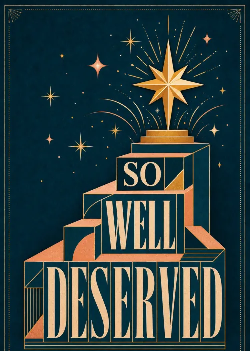 Gold star on a stepped art deco pedestal above So Well Deserved lettering on dark navy