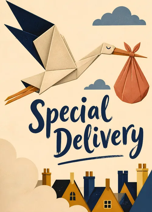 Newborn baby announcement with an origami stork carrying a coral bundle over rooftops