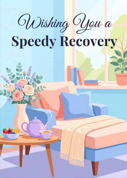 Illustrated cozy living room with armchair and tea reading Wishing You a Speedy Recovery