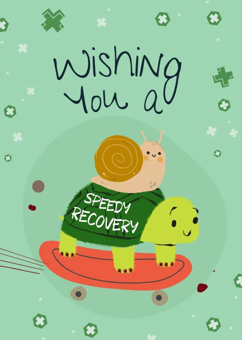 Snail riding a skateboarding turtle on a Speedy Recovery get well card