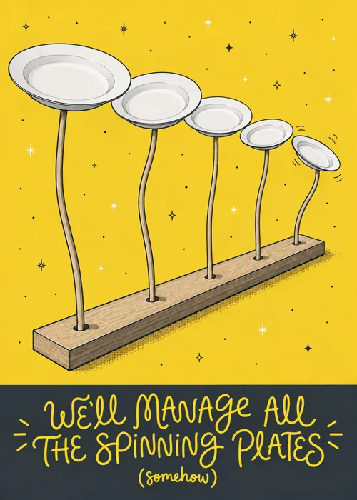Five wobbling plates balanced on bending stands over a bright yellow background with playful text