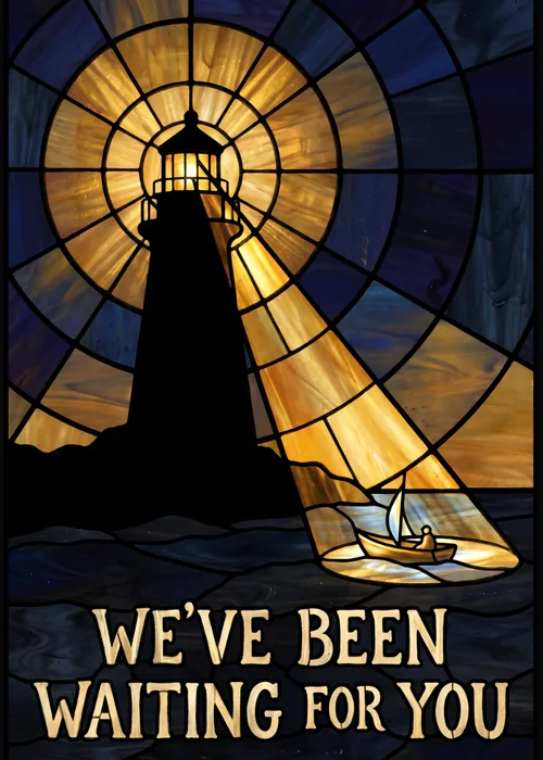 Stained glass style lighthouse beaming light onto a sailboat at sea