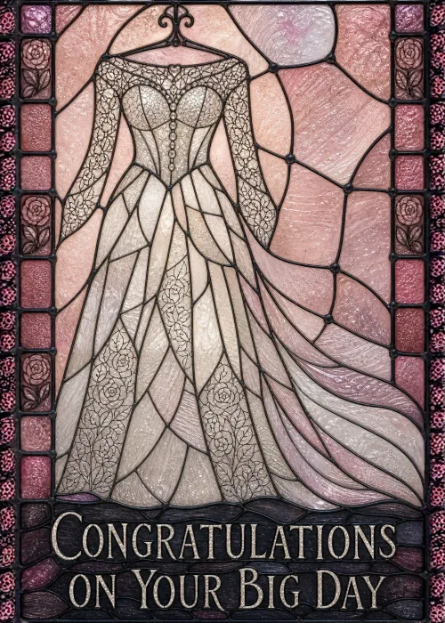 Stained glass style wedding gown illustration with rose border and Congratulations on Your Big Day text