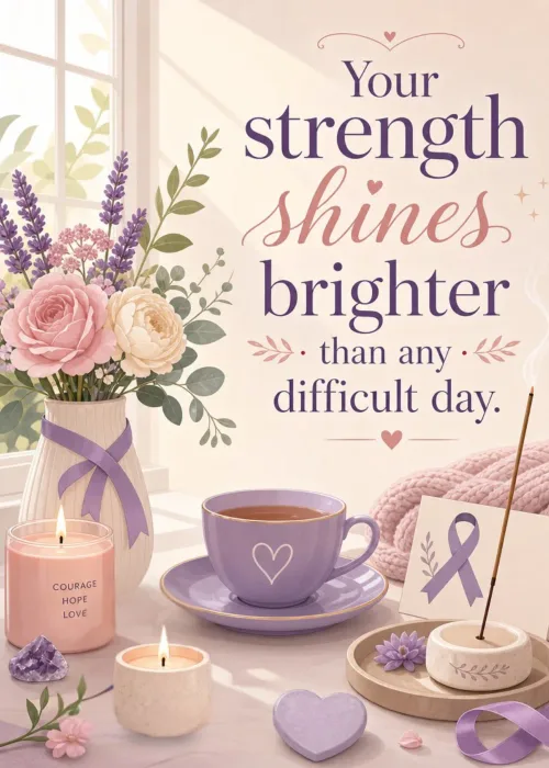 Lavender get well card reading Your strength shines brighter with florals, tea, and purple ribbon