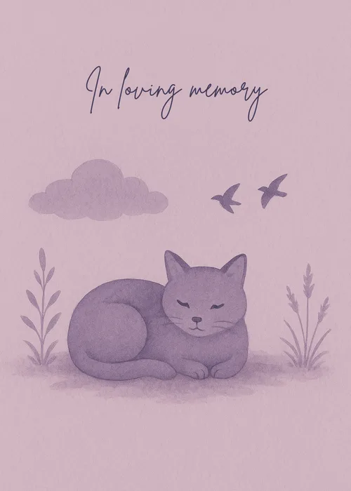 Pet sympathy card with soft dusty rose background featuring a monochrome watercolor illustration of a sleeping cat surrounded by delicate plant sprigs and grasses, two small birds in flight, a soft cloud, and elegant script reading In loving memory