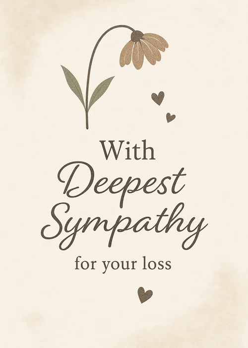 Sympathy condolence card with clean typographic design and dignified text reading Deepest Sympathy on a minimalist background that lets the words speak for themselves